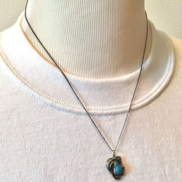 Vintage Turquoise Pendant Sterling Silver Necklace 925 18.5" Box Chain Feather - Picture 11 of 12